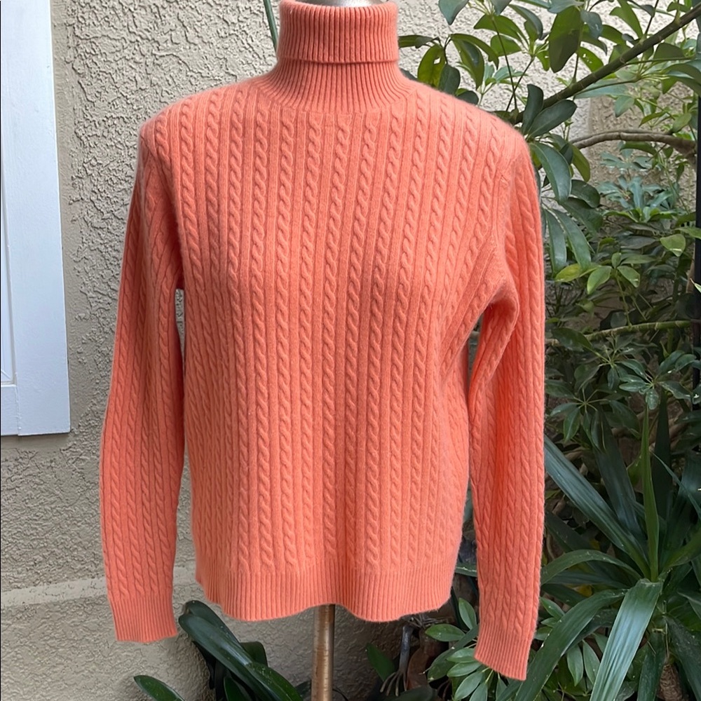 Women's dusty orange Cable Knit Turtleneck 2-ply Cashmere Knitted Sweater